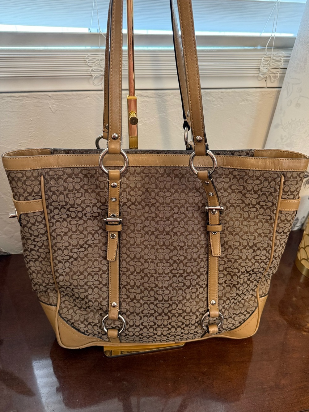 Coach Signature Canvas Tote in Brown and Tan Leather Trim